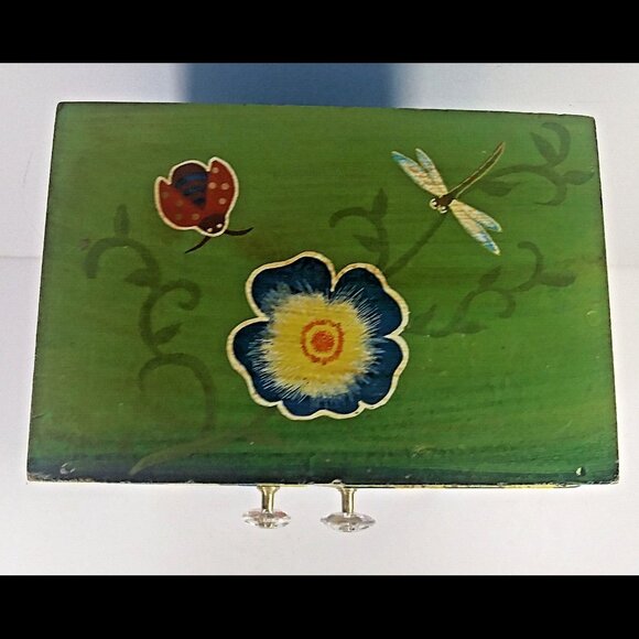 Mini Jewelry Armoire Box Vintage Floral 11x8x6in Wood Butterfly Stripe Sunflower - Picture 5 of 7